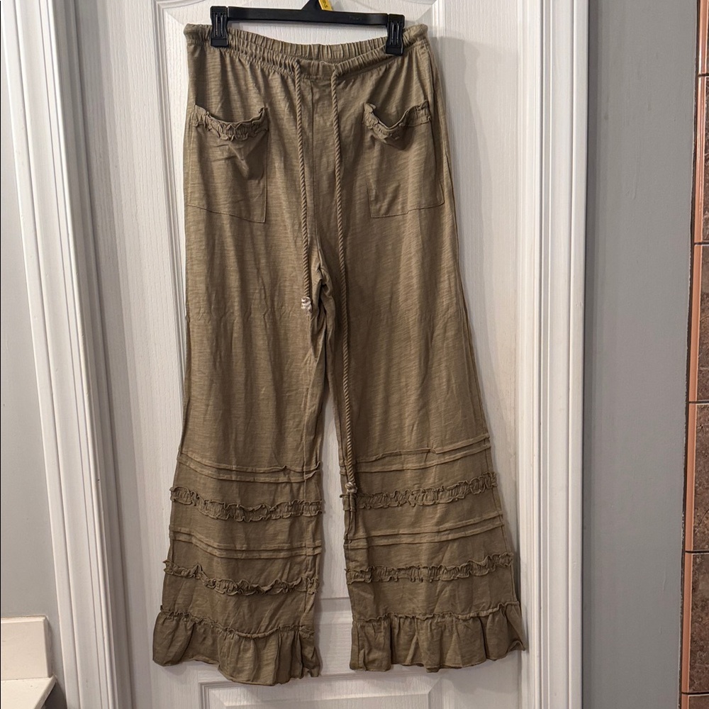 Olive Green Ruffled Wide Leg Pants